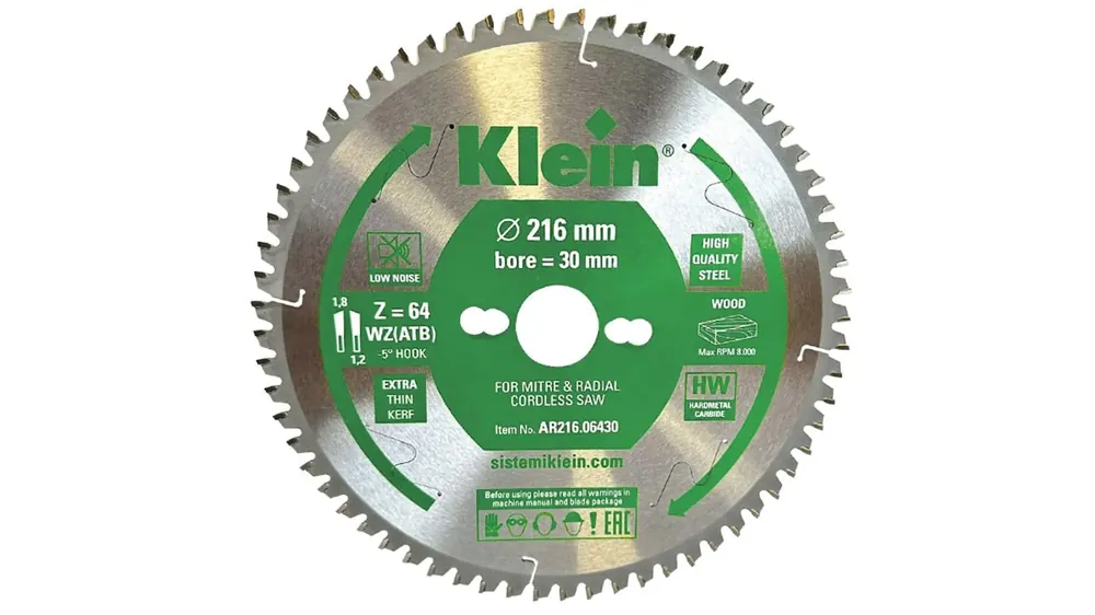 Remise Lames de scies circulaires professionnelles extra fines HW D=216mm d=30mm B=2.3mm c=1.6mm Z=64 alternée -5°KLEIN
